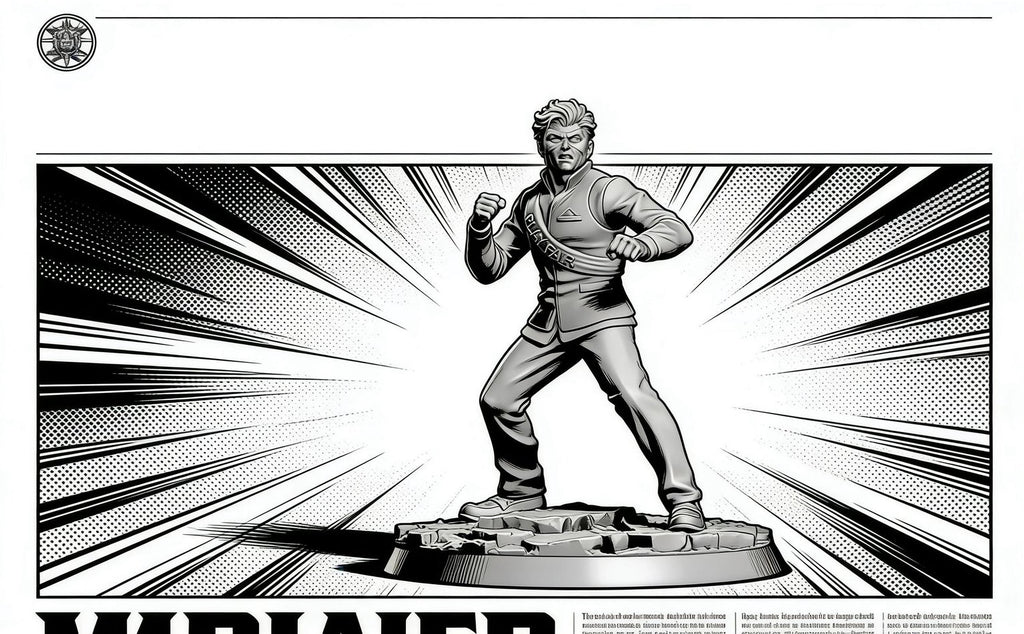 A black and white illustration of a man in a fighting stance, with a dynamic, action-packed background featuring lines and dots.