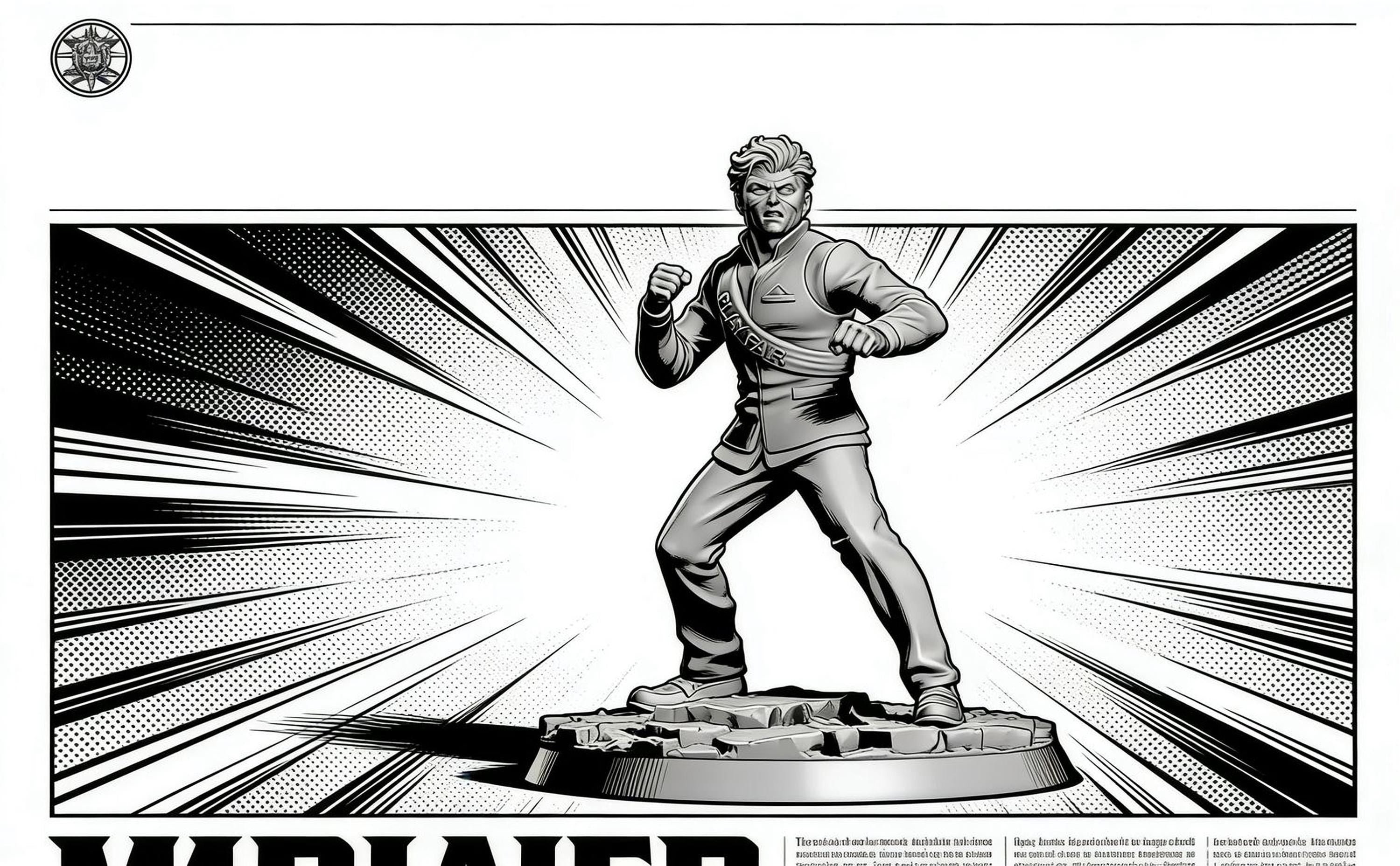 A black and white illustration of a man in a fighting stance, with a dynamic, action-packed background featuring lines and dots.