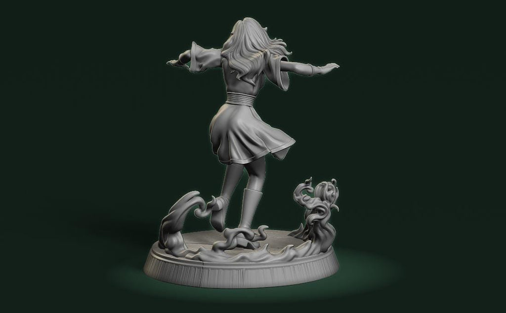 A 3D rendering of a female figure with long hair, standing on a platform and holding a weapon in her right hand.