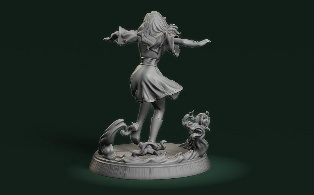 A 3D rendering of a female figure with long hair, standing on a platform and holding a weapon in her right hand.