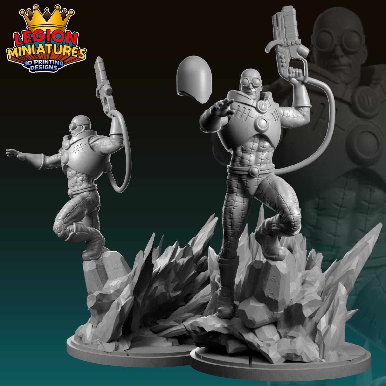 two 3D-printed miniatures of a futuristic-looking character, likely a science fiction or fantasy character, standing on a rocky platform amidst a chaotic scene.