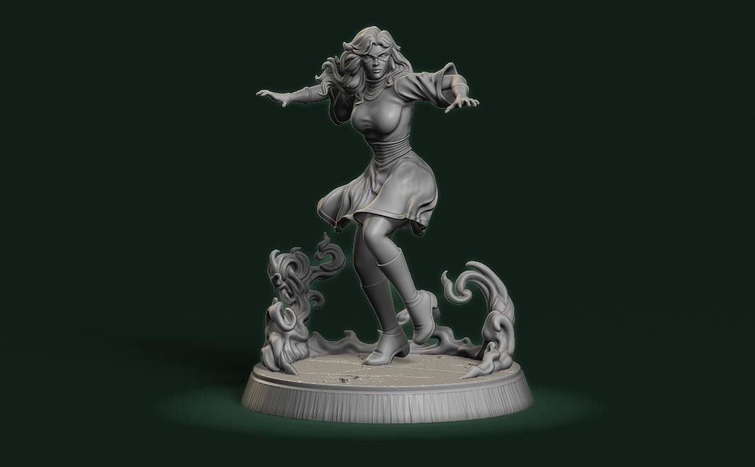 A 3D rendering of a female character with long hair and a flowing dress, standing on a platform and appearing to be in motion.