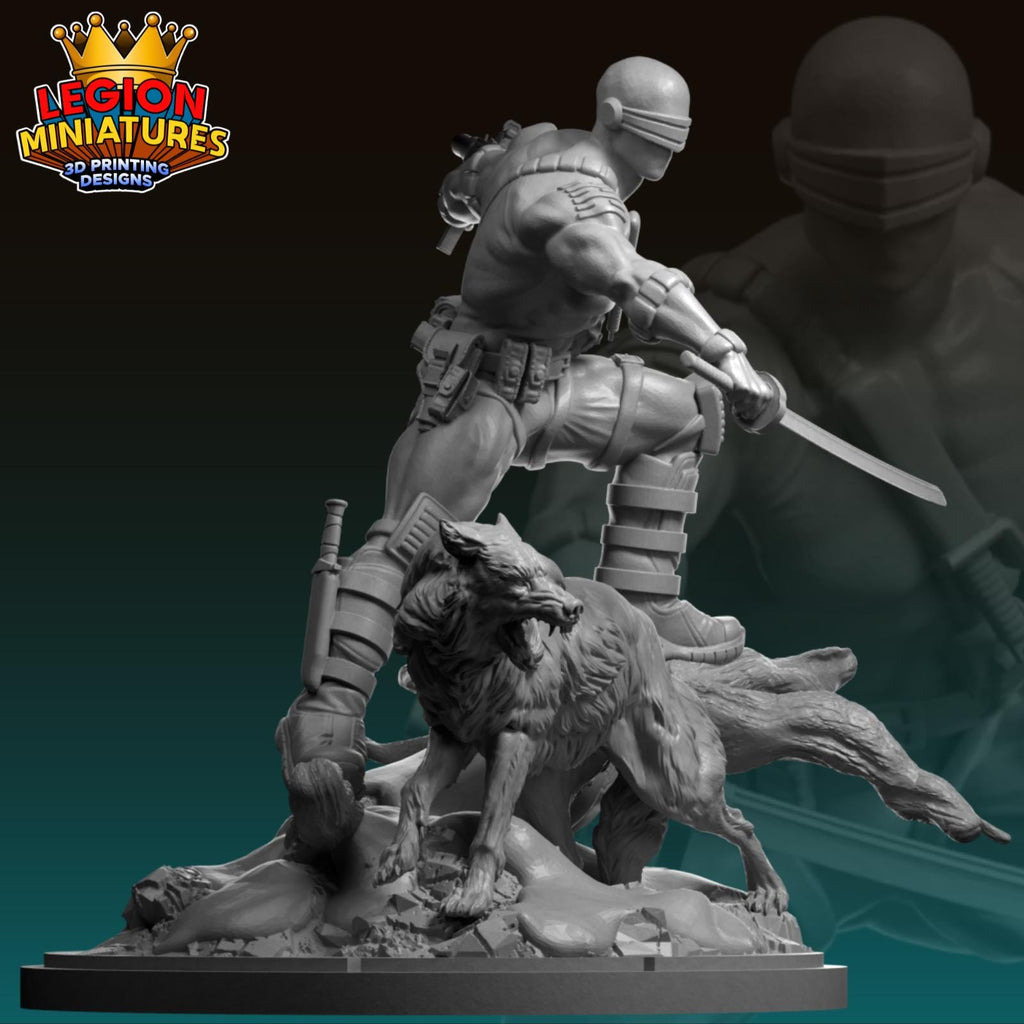 A 3D printed statue of a character wielding a sword and accompanied by a wolf-like creature, set against a dark background.