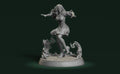 A 3D rendering of a female character with long hair and a flowing dress, standing on a platform and appearing to be in motion.