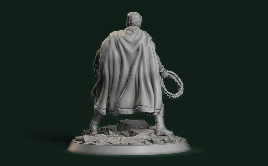 A 3D rendering of a statue of a person in a cape, standing on a rocky base.