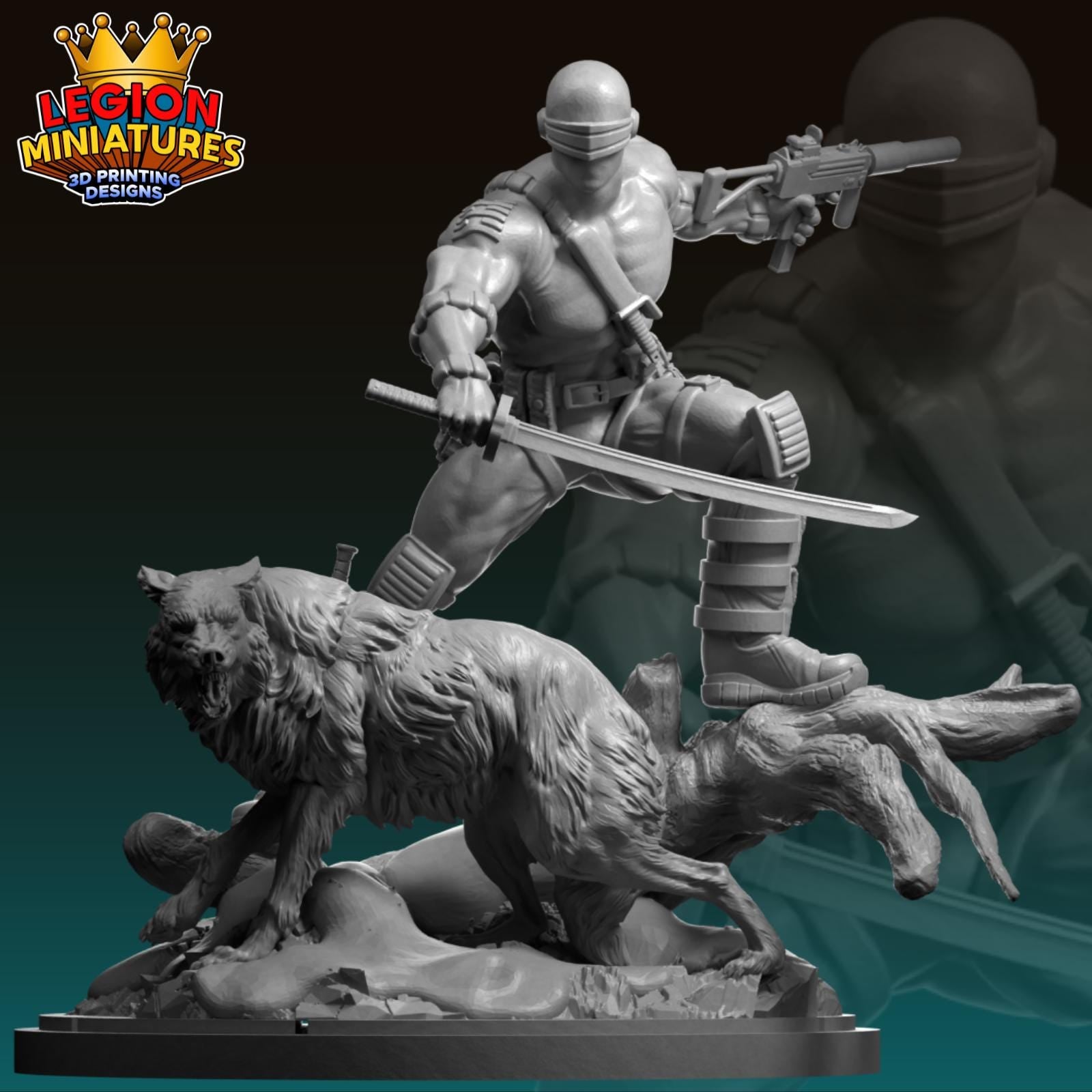 A 3D printed statue of a person in a fighting stance, holding a weapon and standing over a wolf.