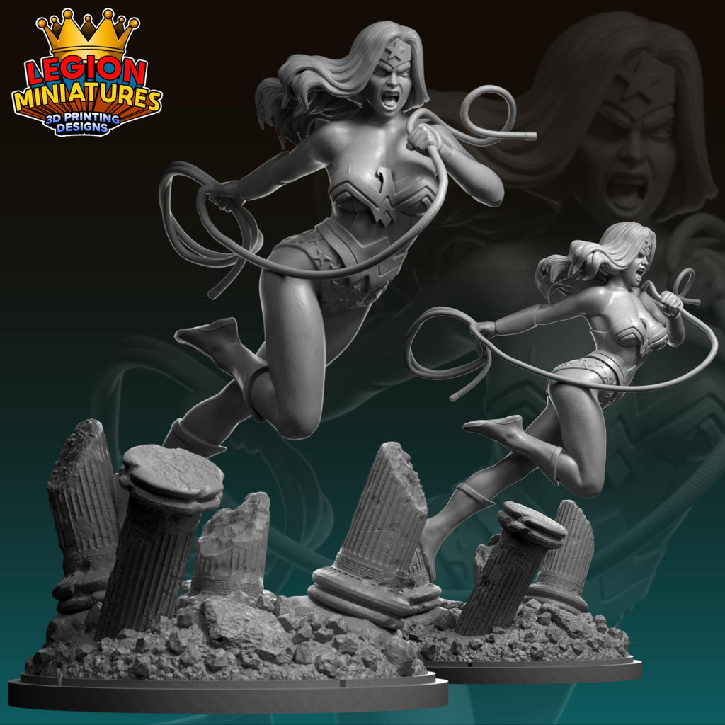 The image is a 3D printed figurine of a female character, likely a superhero or comic book character, with a dynamic pose and a lasso. The figurine is set against a backdrop of rubble and debris, suggesting a dramatic or action-packed scene.