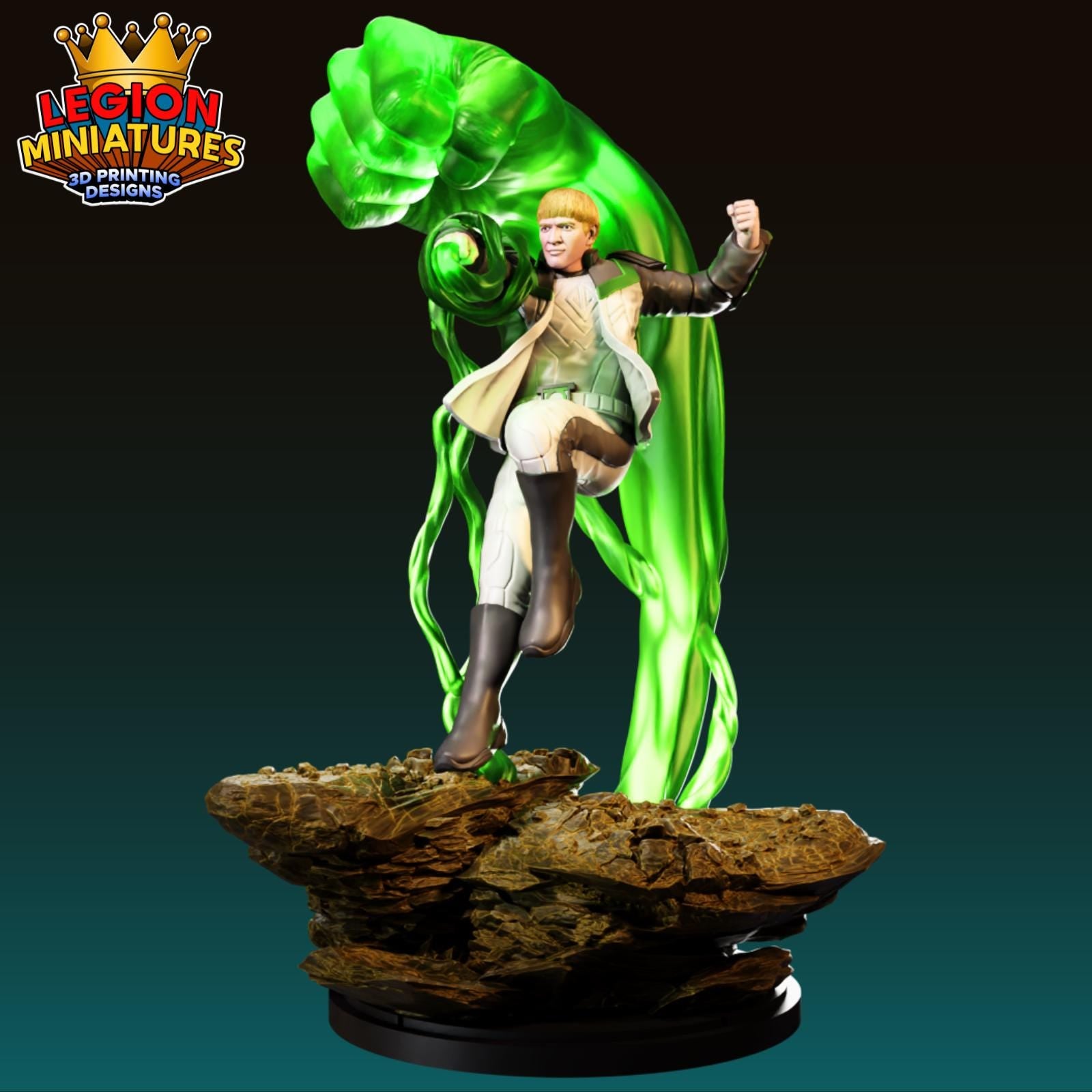 A 3D printed figurine of a person in a white outfit, holding a green object, standing on a rock formation against a dark background.