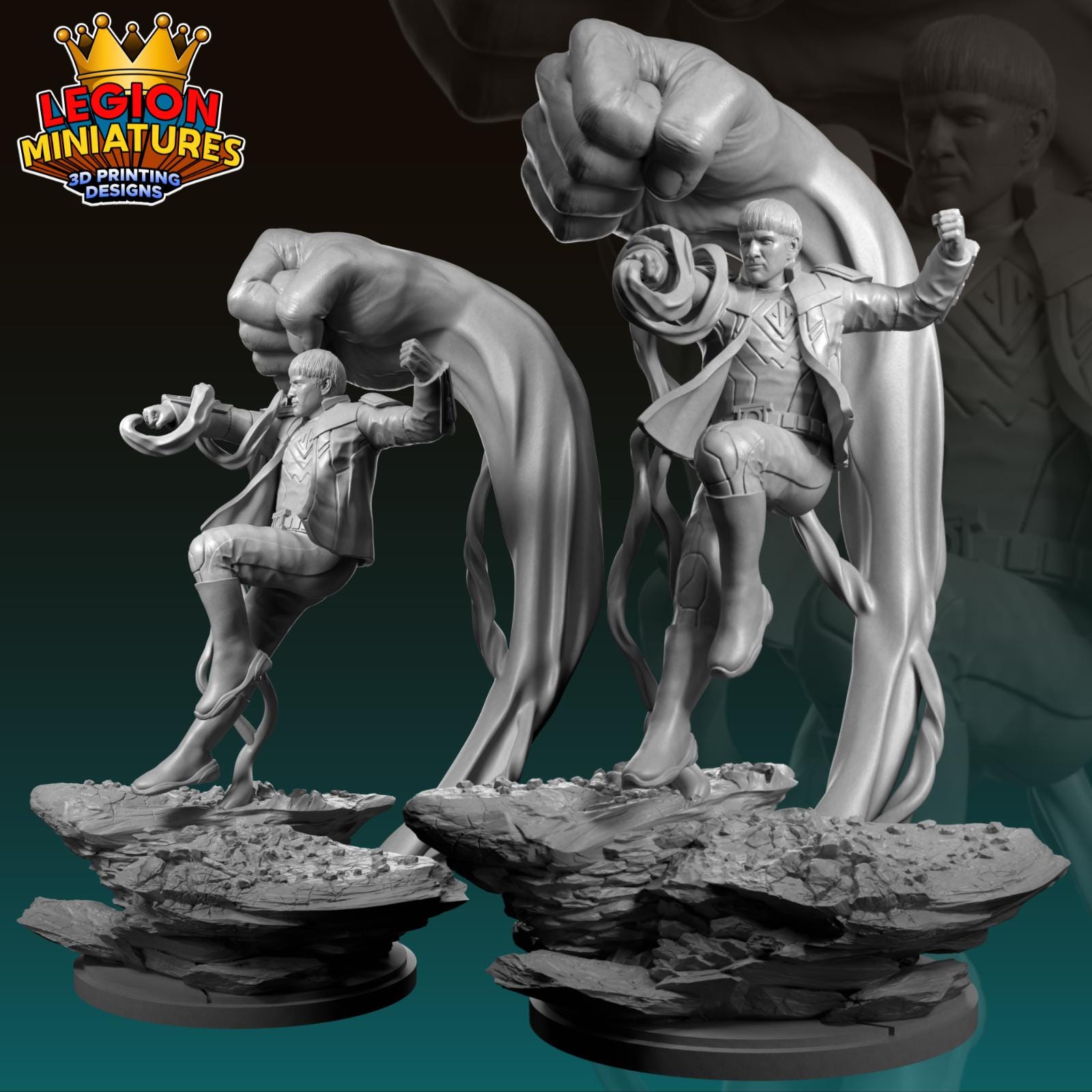 two 3D printed miniatures of characters, one standing and one kneeling, with their arms raised in a fighting stance.