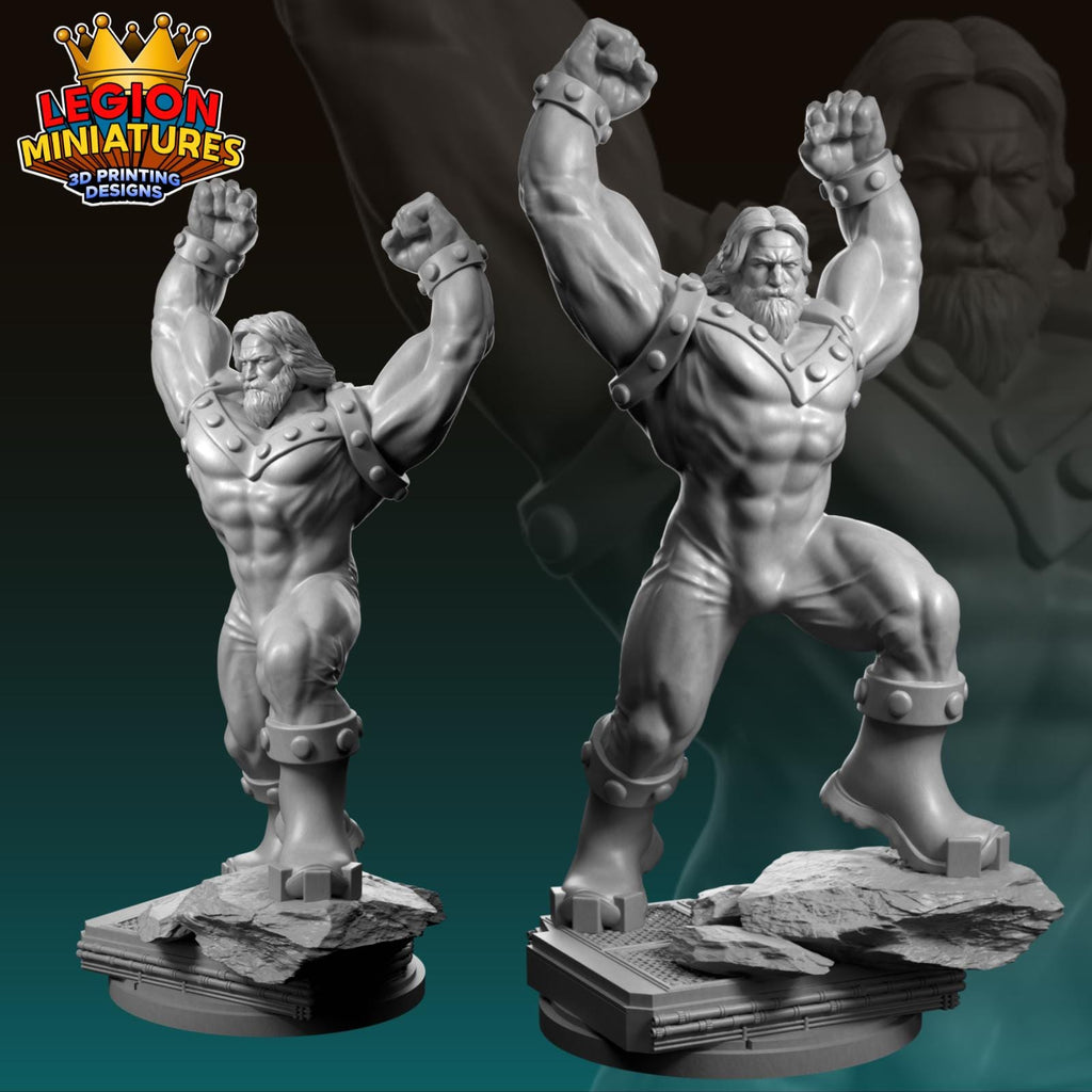 two 3D printed miniatures of muscular, battle-ready figures with raised arms, standing on platforms and displaying their strength and determination.
