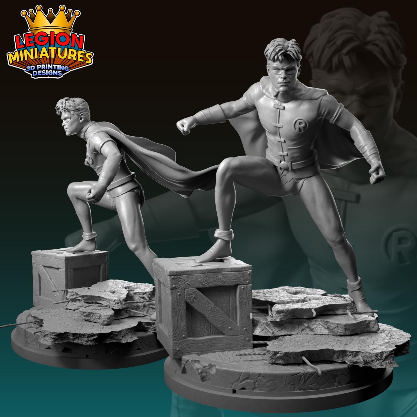 two 3D printed miniatures of a superhero character, one standing and one crouching, both in dynamic poses.