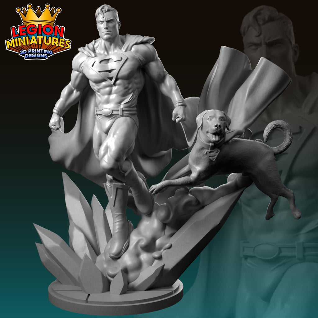 A 3D printed statue of Superman standing on a platform, accompanied by a dog.