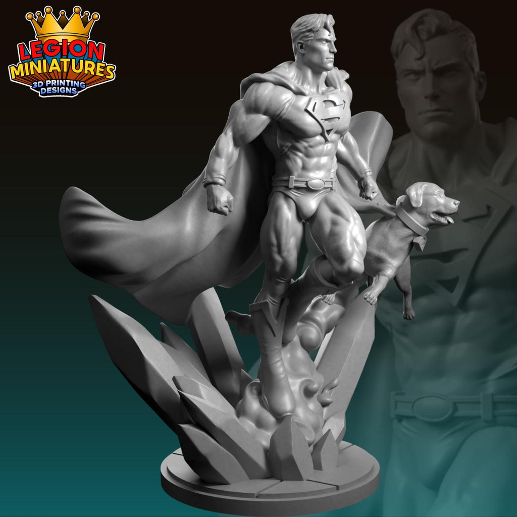 A 3D printed statue of Superman standing on a rock formation, with a dog on his back.
