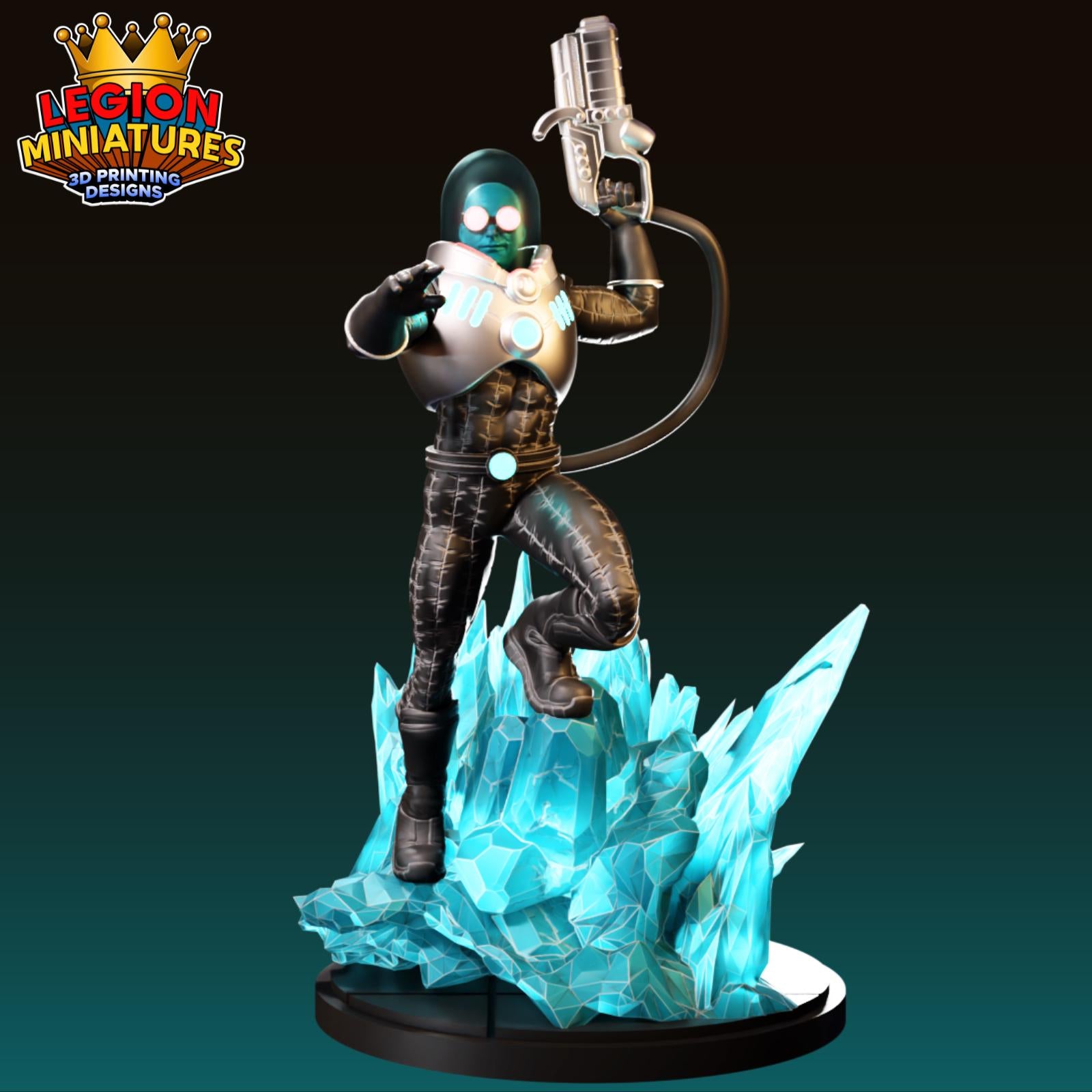 A 3D printed figurine of a character with a futuristic appearance, holding a weapon and standing on a platform of blue crystals.