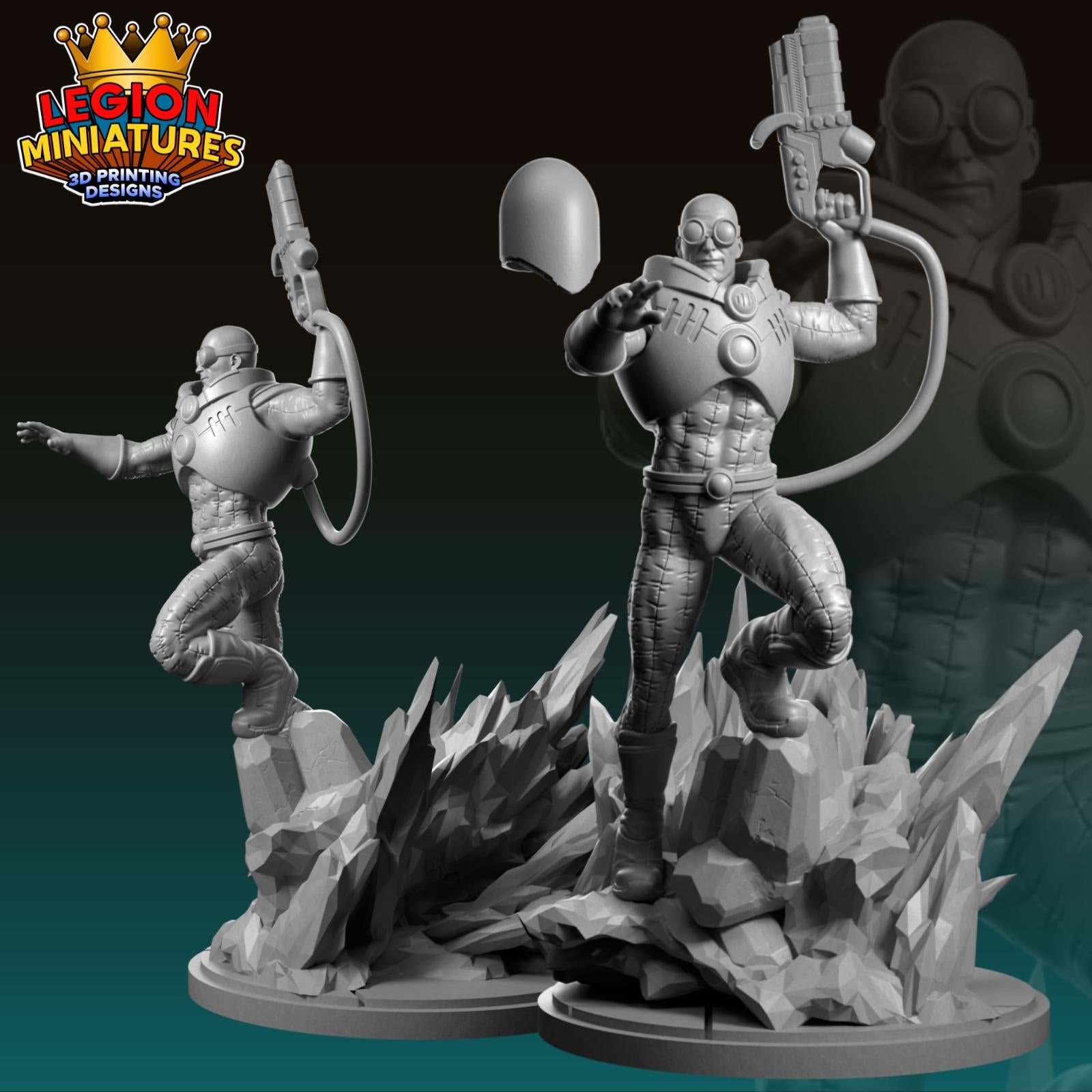 two 3D-printed miniatures of a futuristic-looking character, likely a science fiction or fantasy character, standing on a rocky platform amidst a chaotic scene.