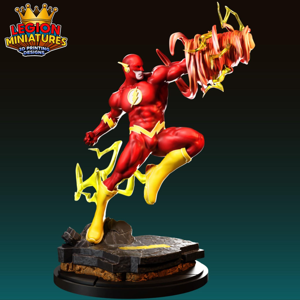 A 3D printed figurine of the superhero The Flash, depicted in a dynamic action pose with a lightning bolt-like weapon in his hand.
