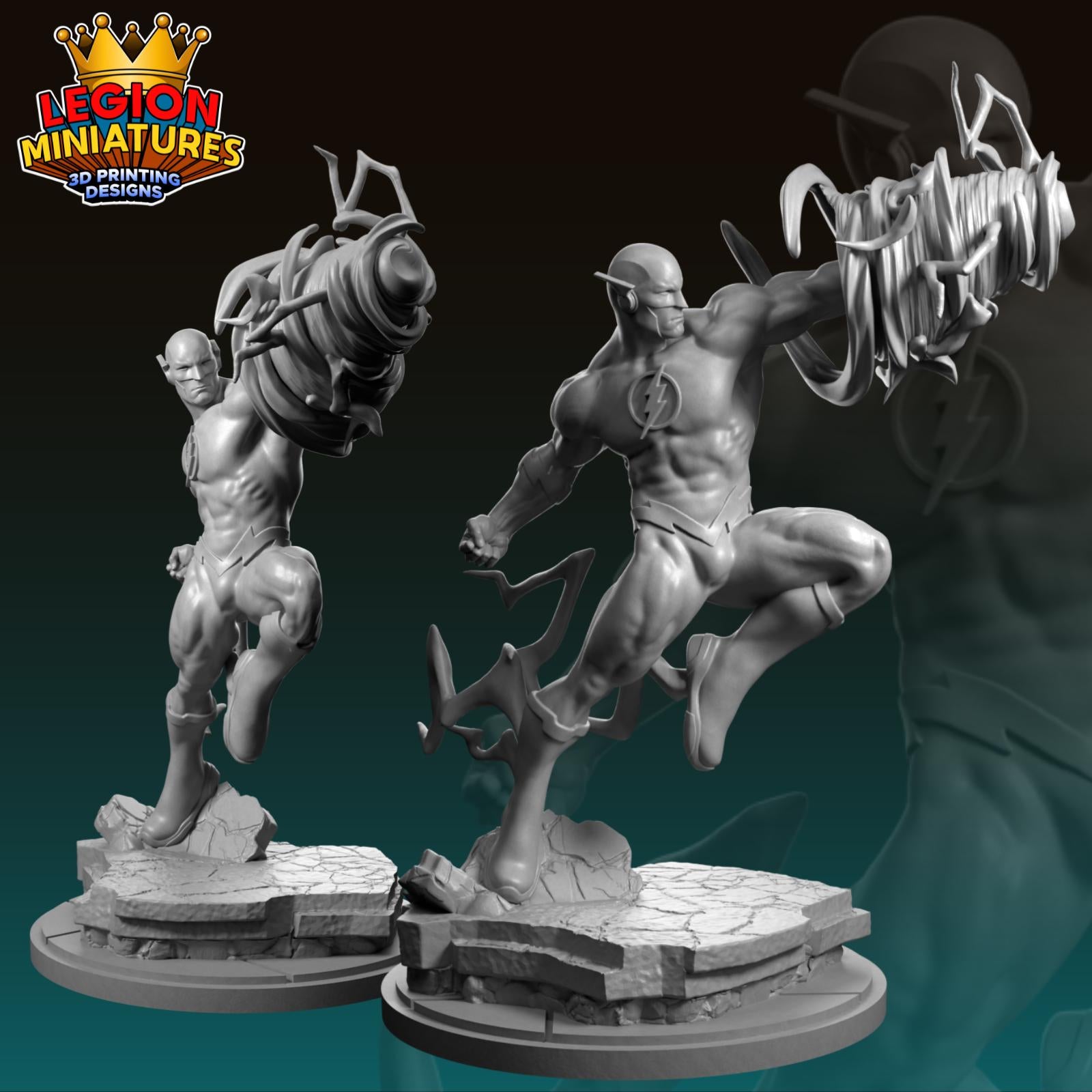 two 3D-printed miniatures of a muscular superhero character, likely the Flash, in dynamic action poses.