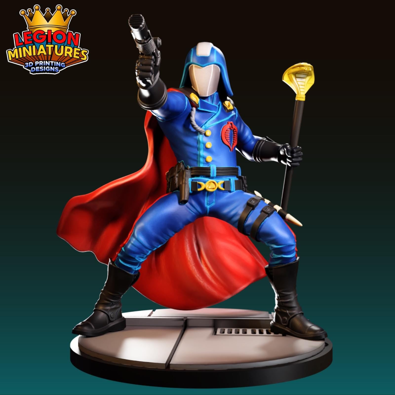A 3D printed figurine of a superhero character in a blue suit, holding a gun and a golden staff, standing on a platform.