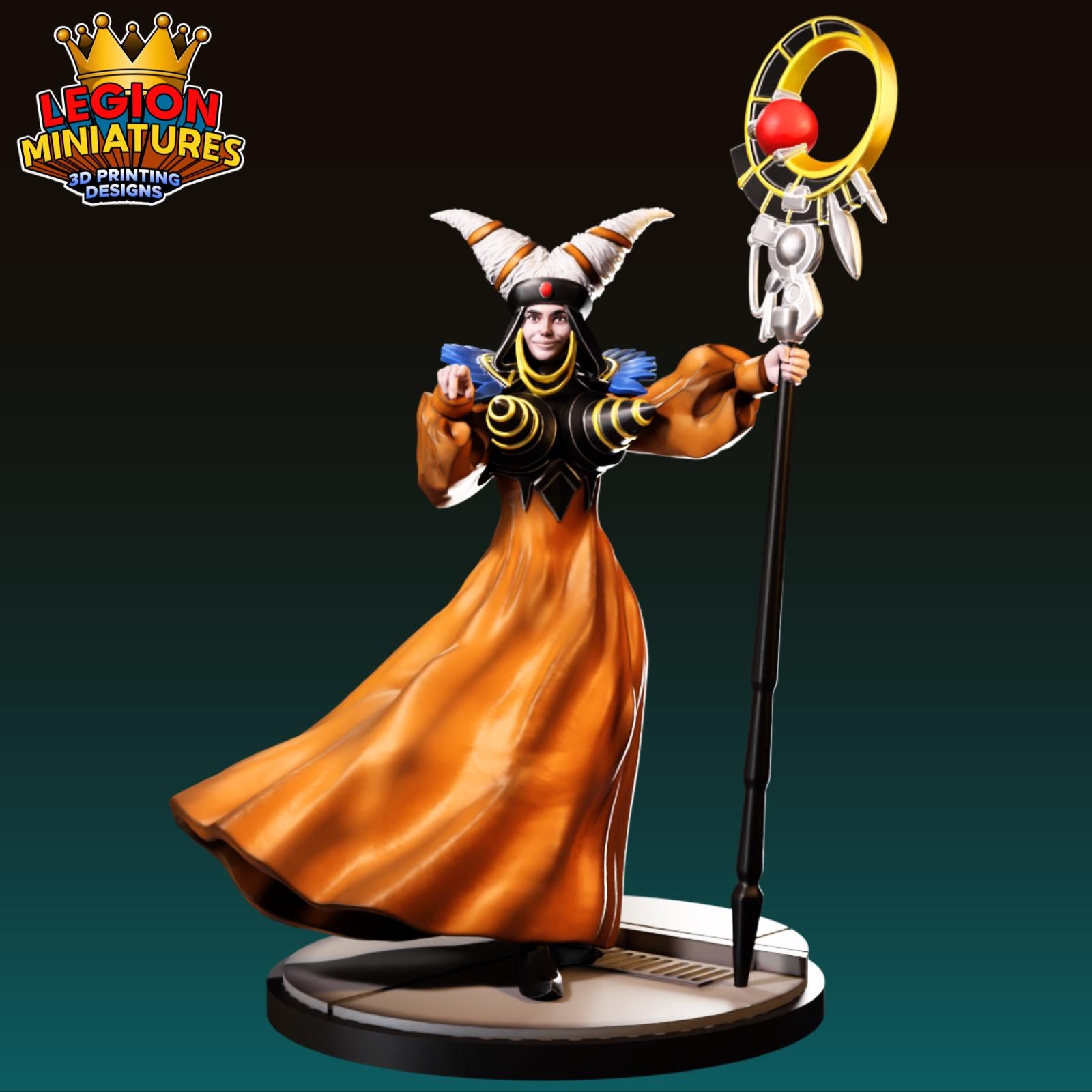 A 3D printed figurine of a woman dressed in an orange robe and headdress, holding a staff with a red gemstone at the top.