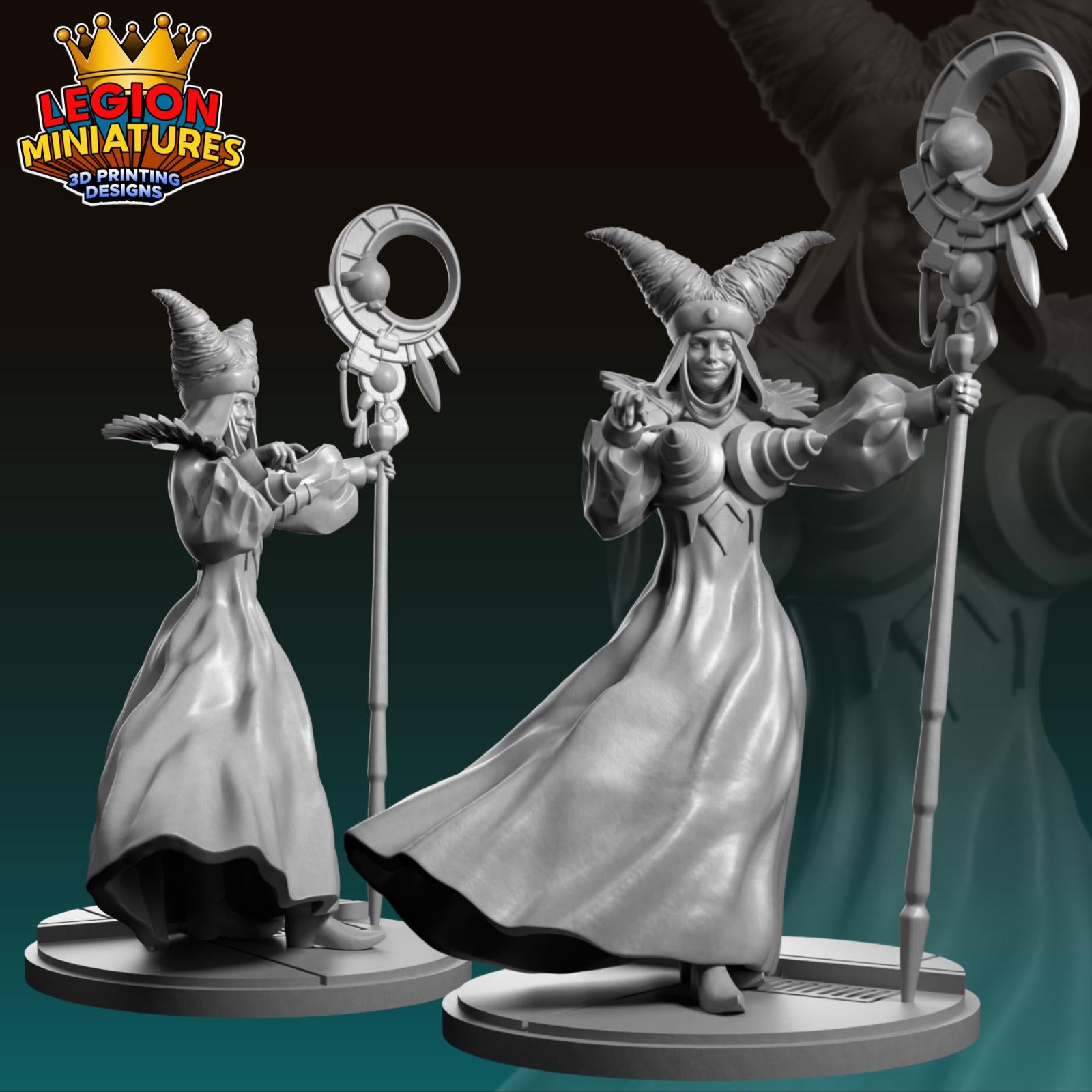two detailed 3D models of fantasy characters, including a wizard and a magical being, set against a dark background.