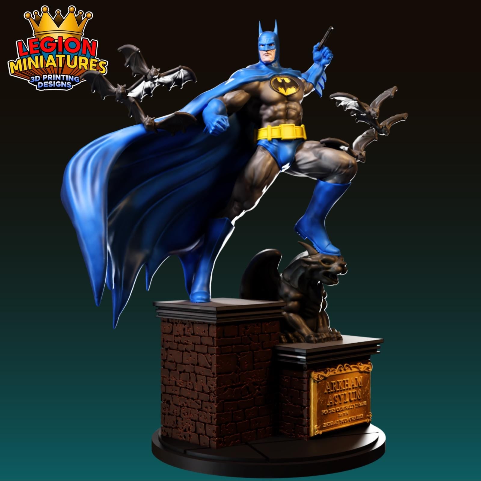 A detailed 3D printed statue of Batman standing on a pedestal, with a bat-like creature perched on top.