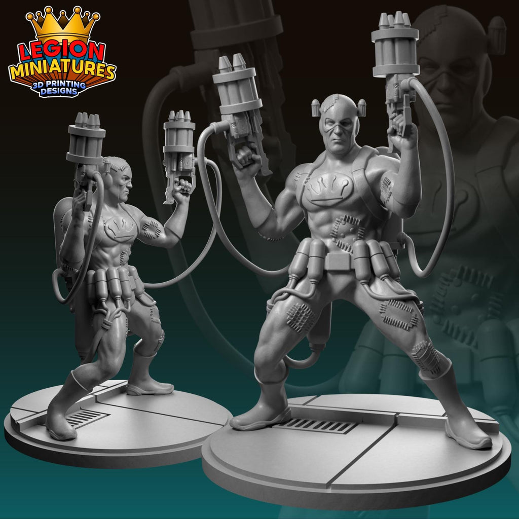 two 3D printed miniatures of a muscular, armored character with multiple weapons, standing on platforms.
