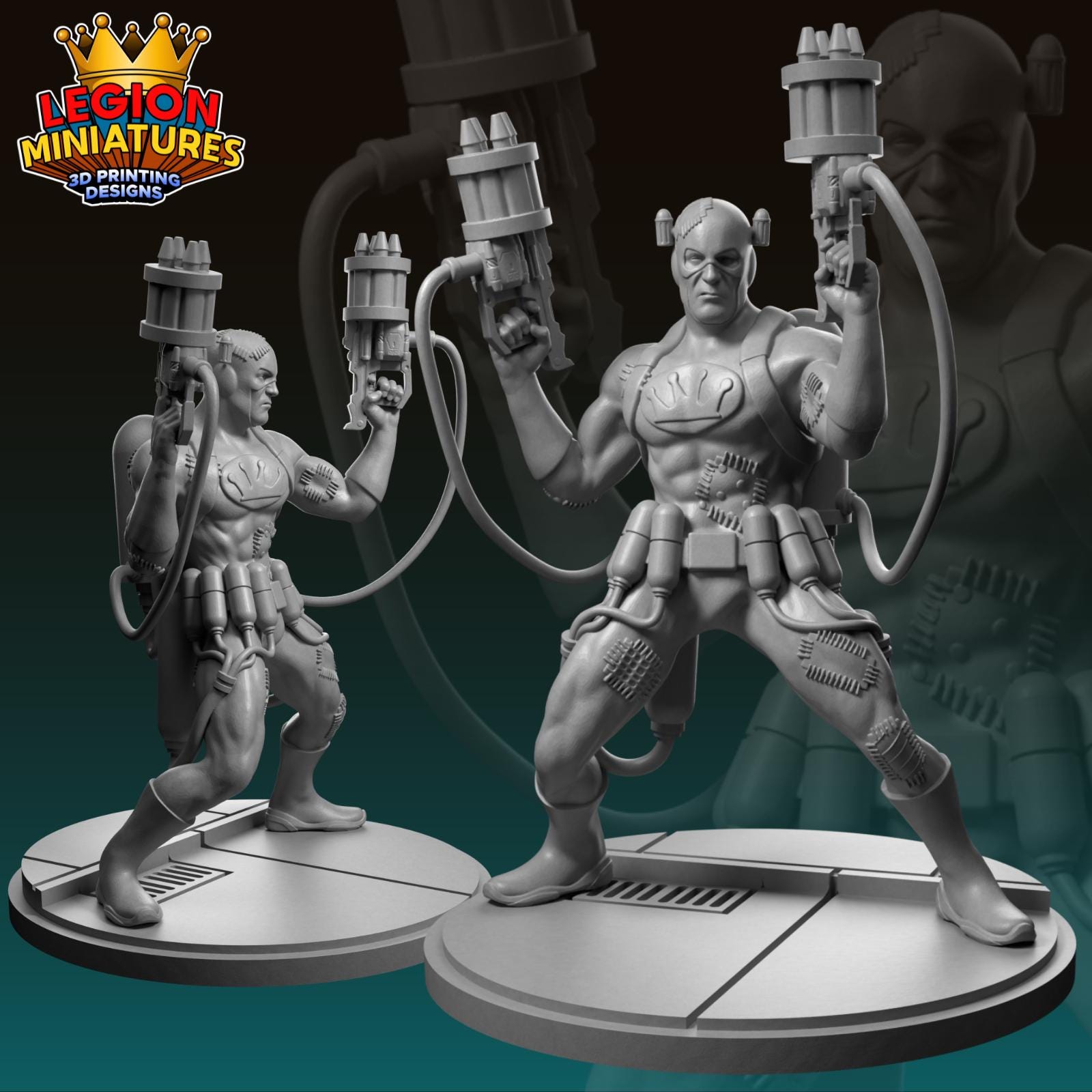 two 3D printed miniatures of a muscular, armored character with multiple weapons, standing on platforms.