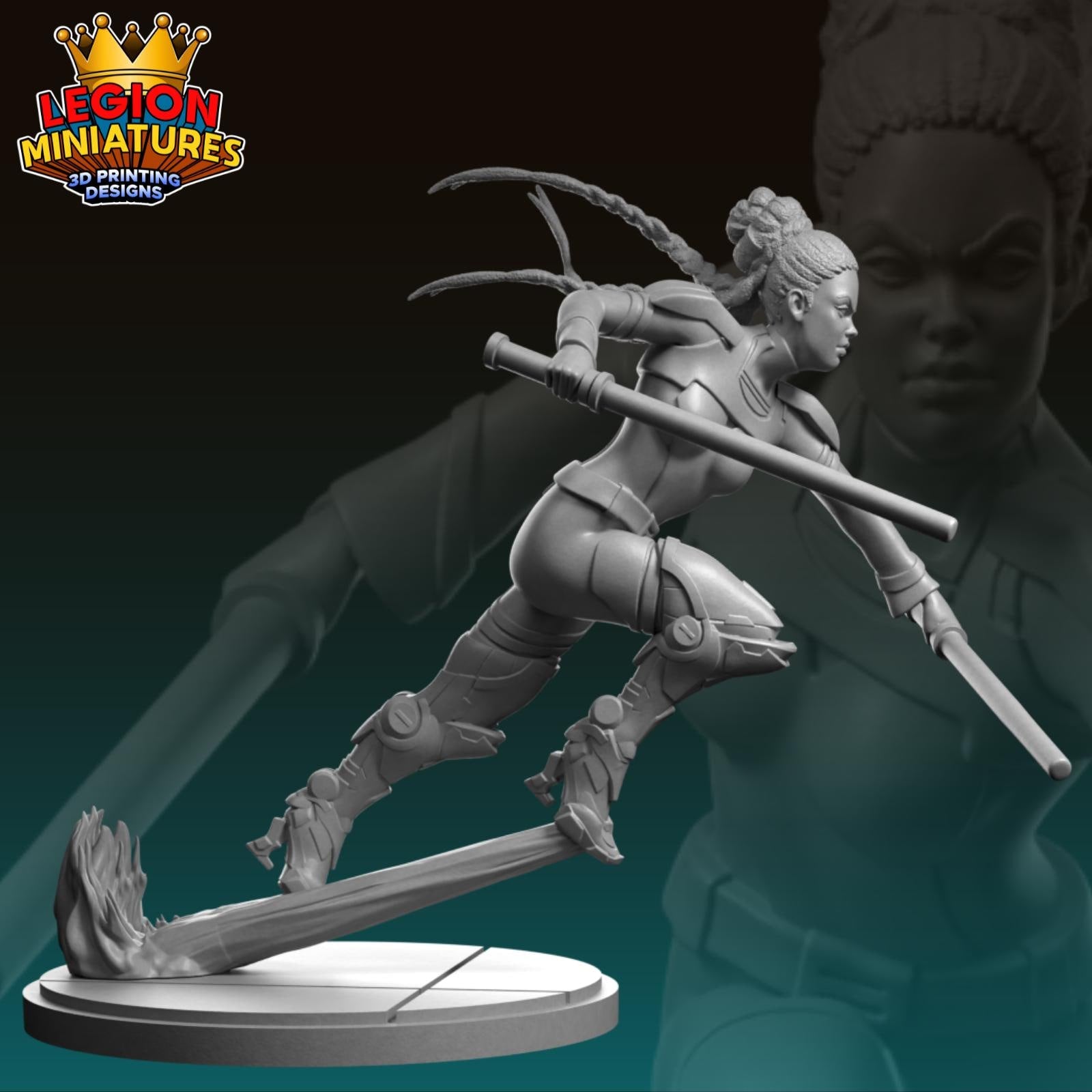 A 3D printed figurine of a female character in a fighting stance, holding a weapon and appearing ready for action.