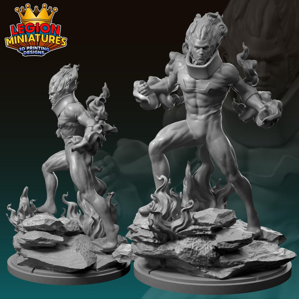 two 3D printed miniatures of a muscular, battle-ready figure with a fierce expression, standing on a rocky base and surrounded by flames.