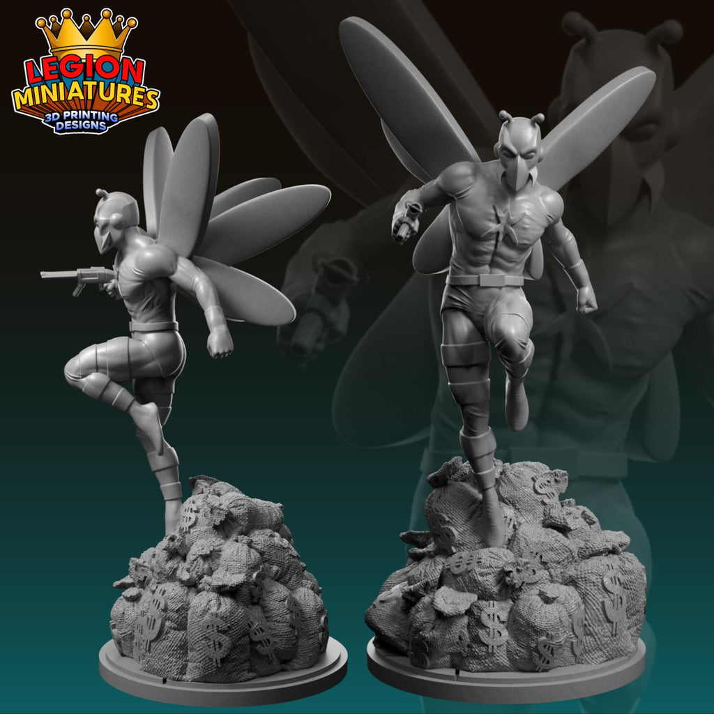 two 3D printed figurines of a superhero character, one standing on a pile of money and the other flying with wings.