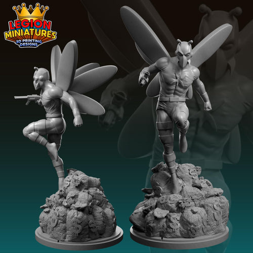 two 3D printed figurines of a superhero character, one standing on a pile of money and the other flying with wings.