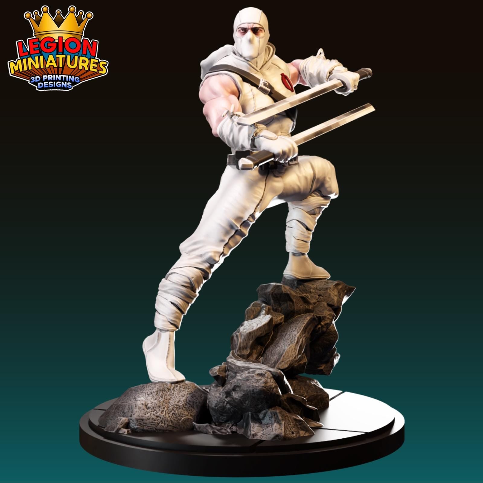 A 3D printed statue of a white-clad figure wielding a sword and shield, standing on a rocky platform against a dark background.