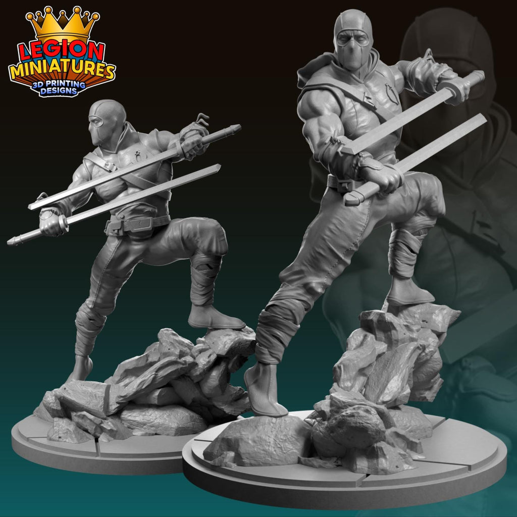 two 3D printed miniatures of a character wielding a sword and shield, set against a dark background.