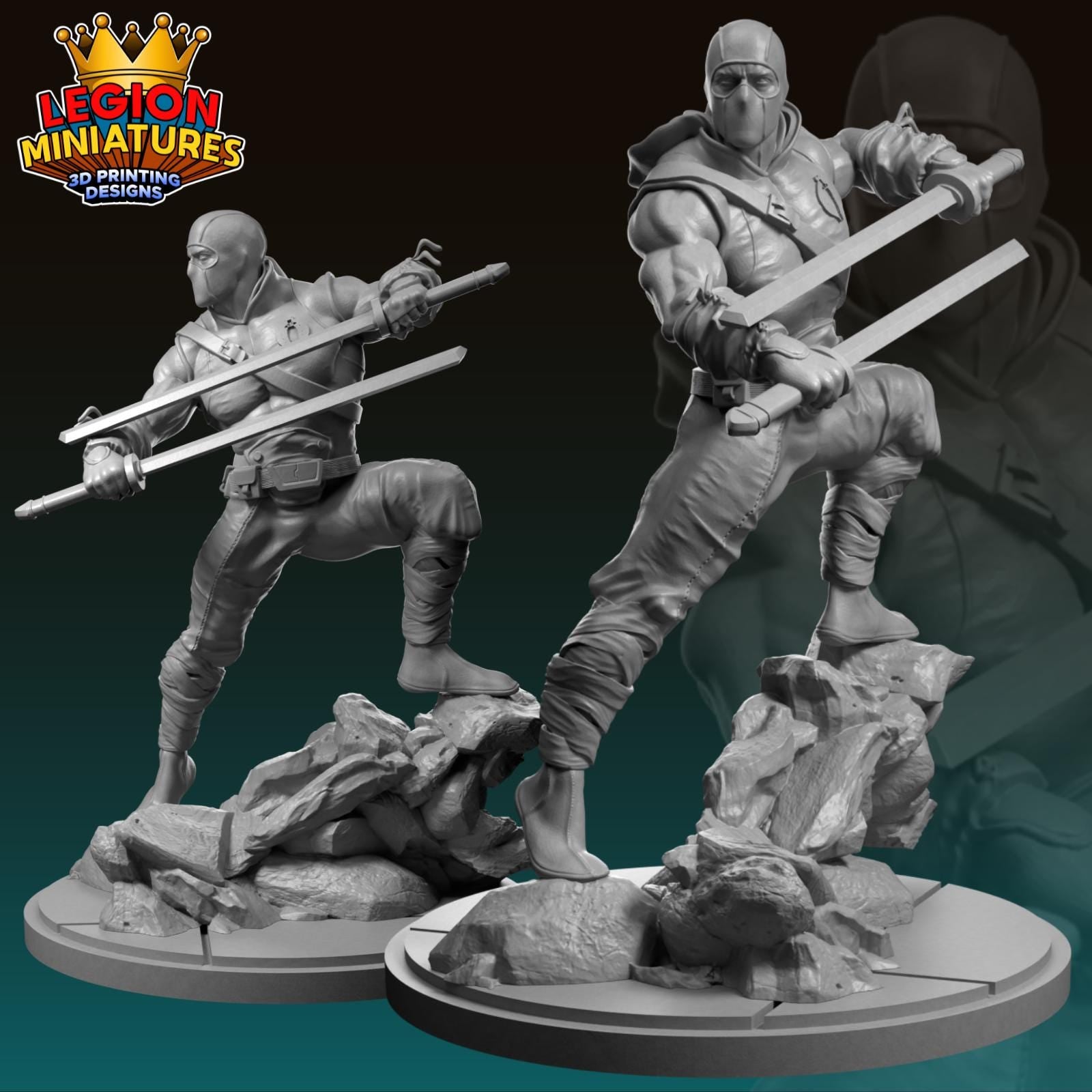 two 3D printed miniatures of a character wielding a sword and shield, set against a dark background.