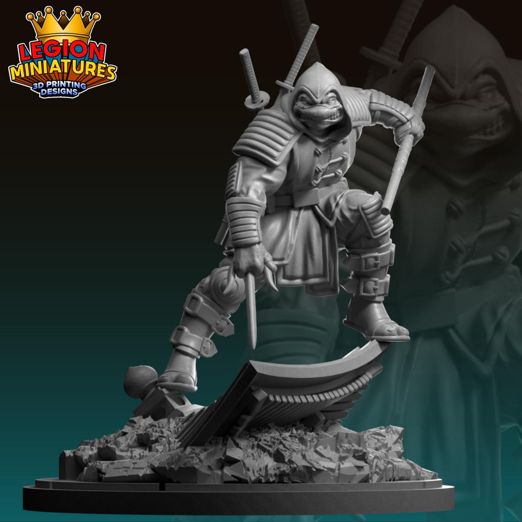 A 3D printed statue of a warrior figure with a sword and shield, standing on a platform amidst rubble.