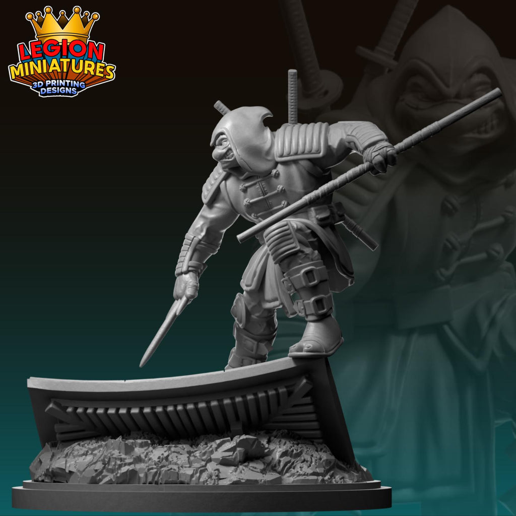 A 3D printed figurine of a warrior wielding a sword and shield, standing on a platform and holding a spear.