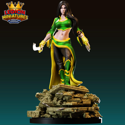 A 3D printed figurine of a female character in a green and yellow outfit, standing on a pile of rubble.