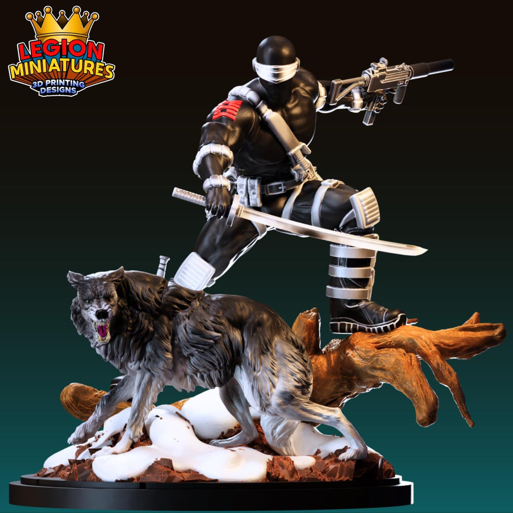 A 3D printed figurine of a character in a fighting stance, holding a weapon and accompanied by a wolf-like creature.