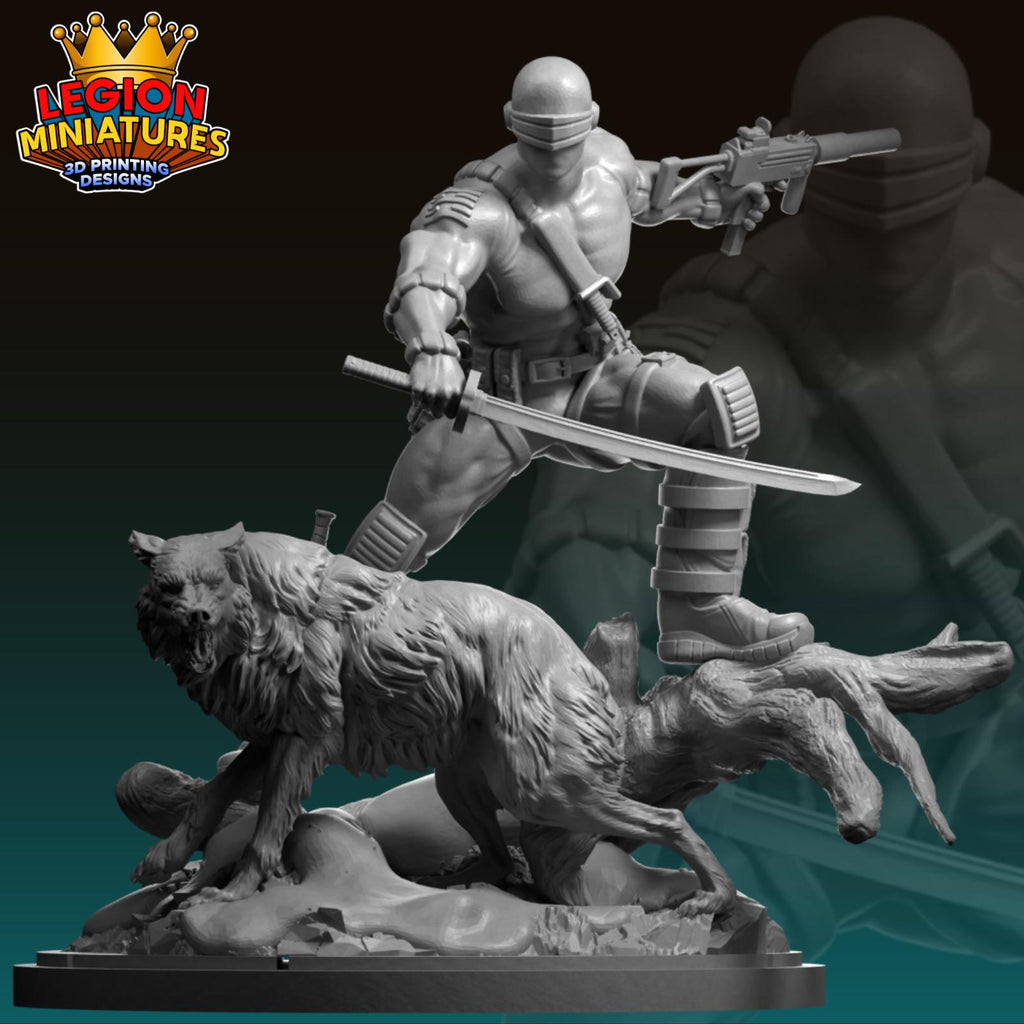 A 3D printed statue of a person in a fighting stance, holding a weapon and standing over a wolf.