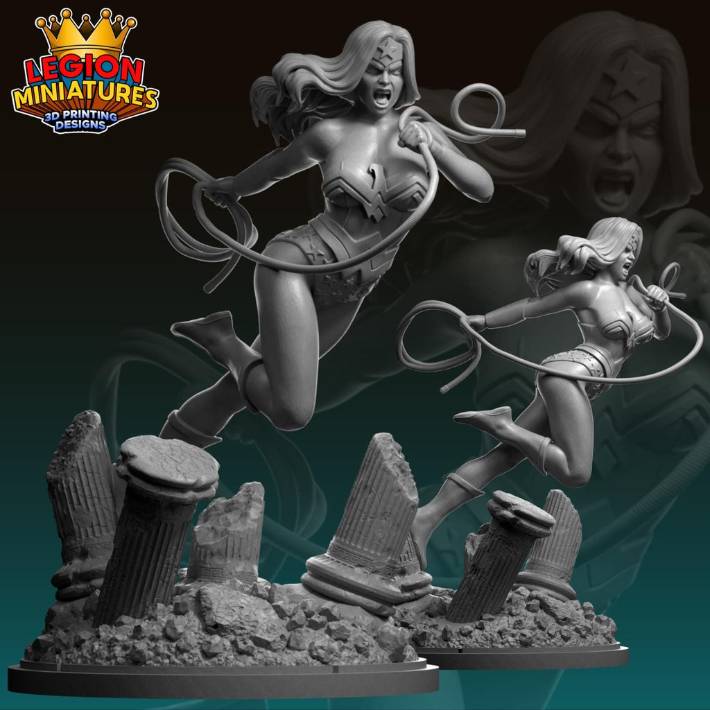 The image is a 3D printed figurine of a female character, likely a superhero or comic book character, with a dynamic pose and a lasso. The figurine is set against a backdrop of rubble and debris, suggesting a dramatic or action-packed scene.