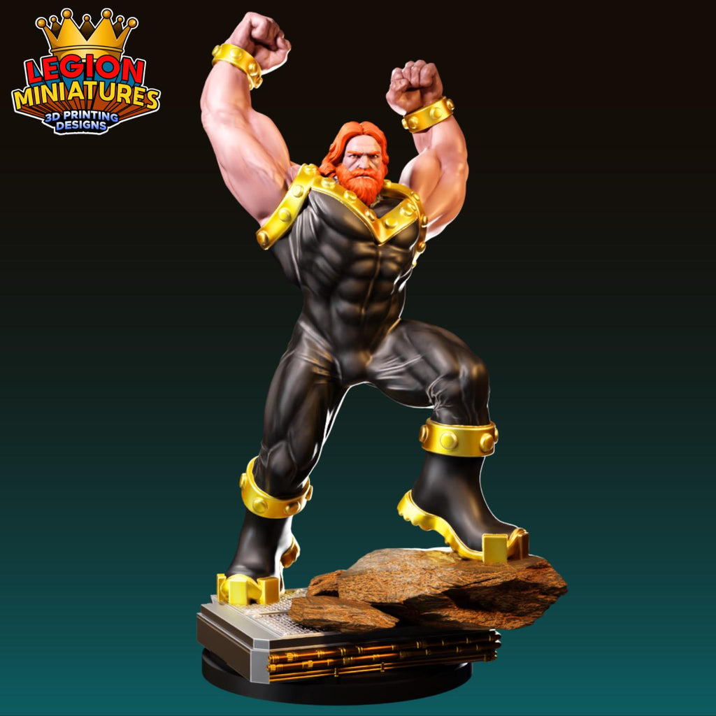 A 3D printed figurine of a muscular, bearded man with a red beard, wearing a black and gold suit, standing on a rock and flexing his muscles.