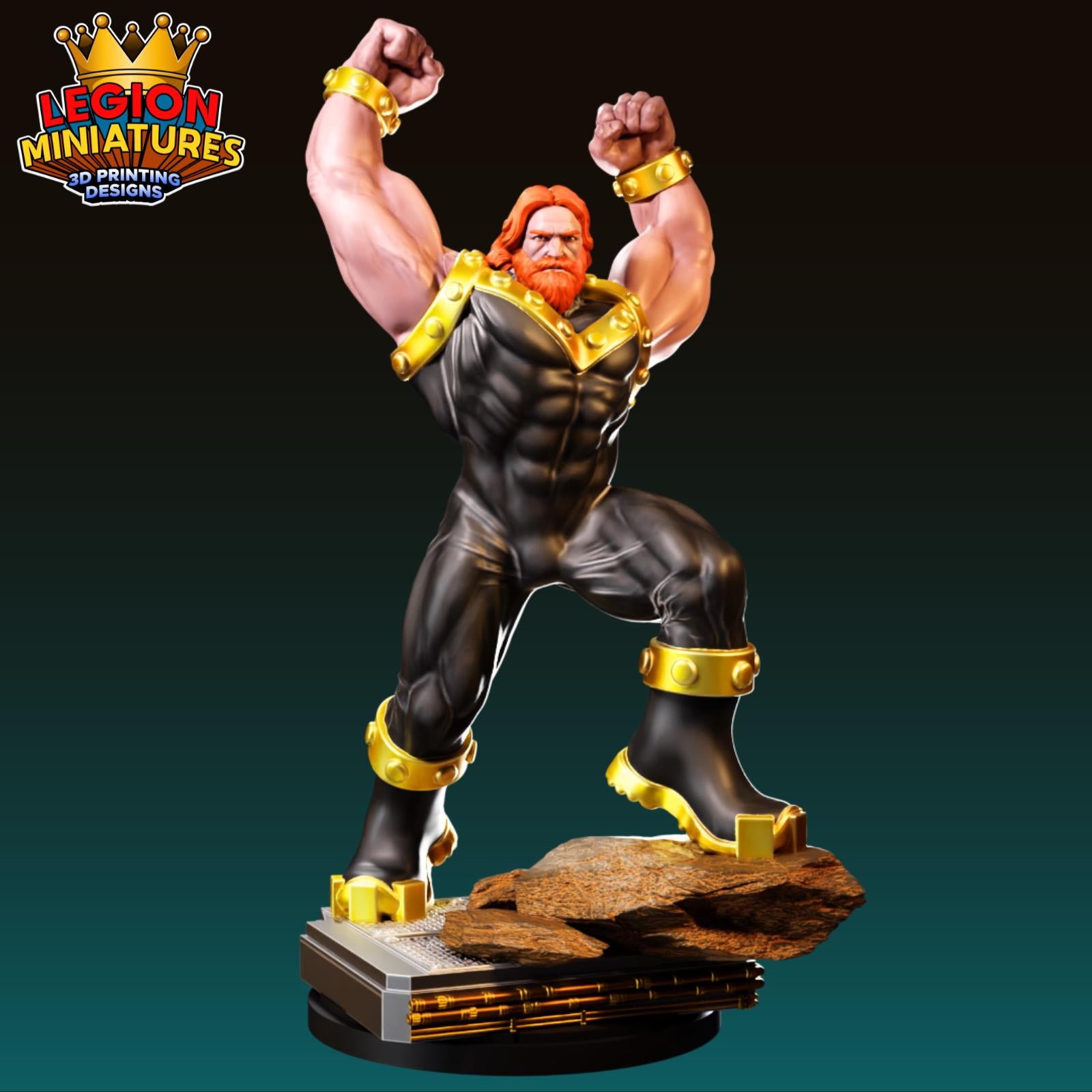 A 3D printed figurine of a muscular, bearded man with a red beard, wearing a black and gold suit, standing on a rock and flexing his muscles.