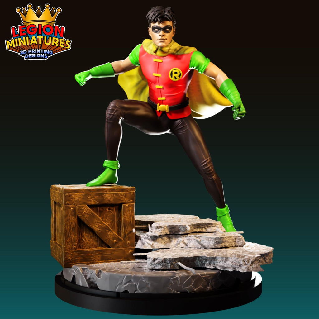 A 3D printed figurine of a superhero character in a dynamic pose, wearing a red and yellow costume with a yellow cape.