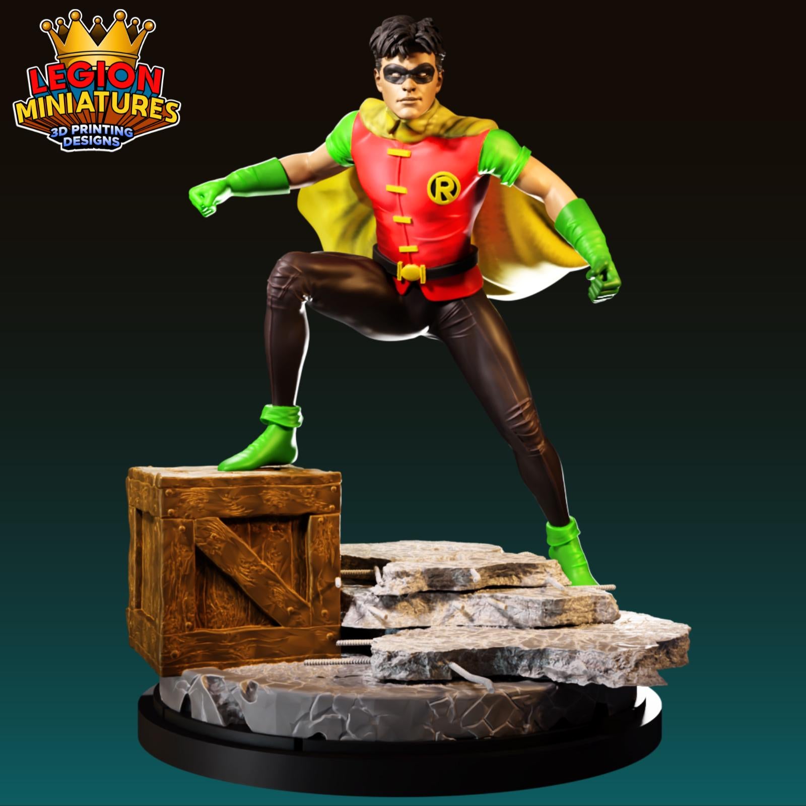 A 3D printed figurine of a superhero character in a dynamic pose, wearing a red and yellow costume with a yellow cape.