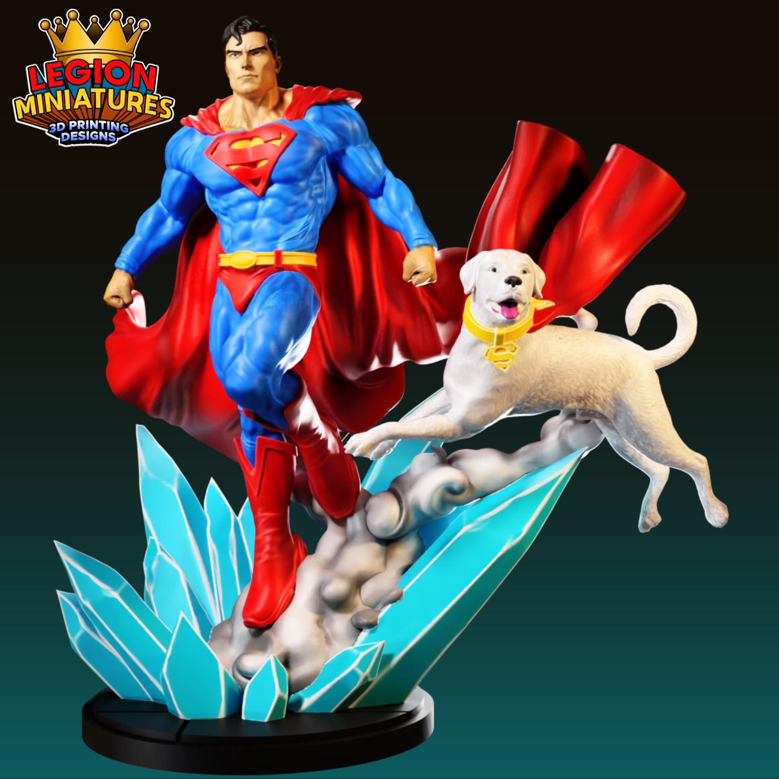 A figurine of Superman, a superhero, standing next to a white dog.