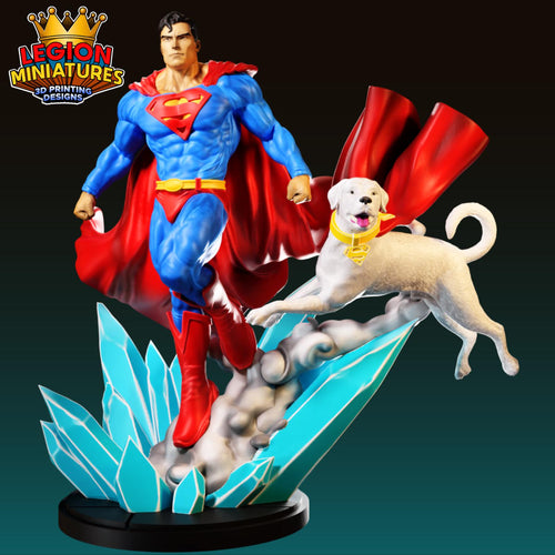 A figurine of Superman, a superhero, standing next to a white dog.