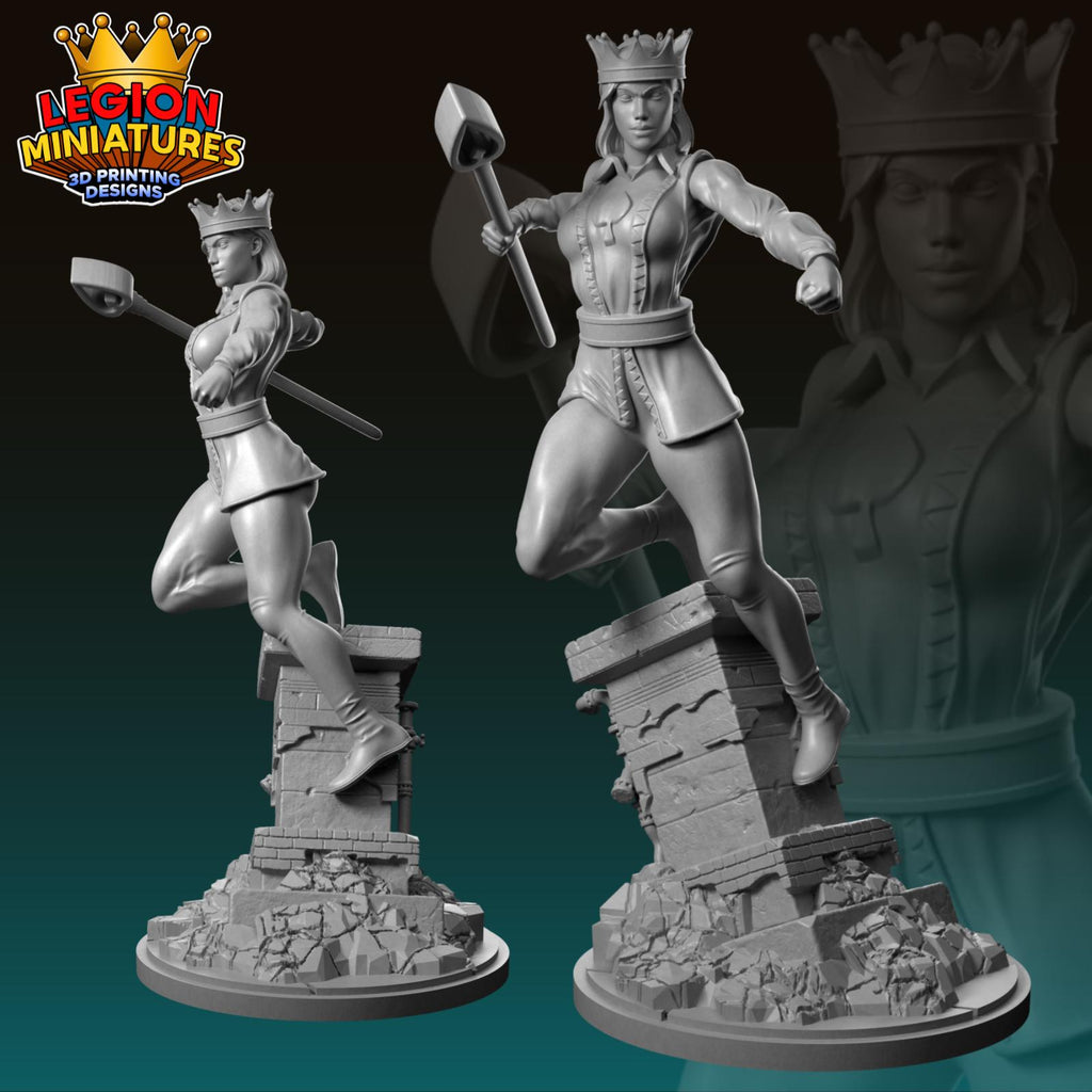 a 3D printed statue of a female character with a crown, holding a weapon and standing on a pedestal.