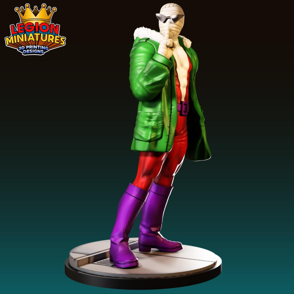 A 3D printed figurine of a person wearing a green jacket, red pants, and purple boots, standing on a platform.