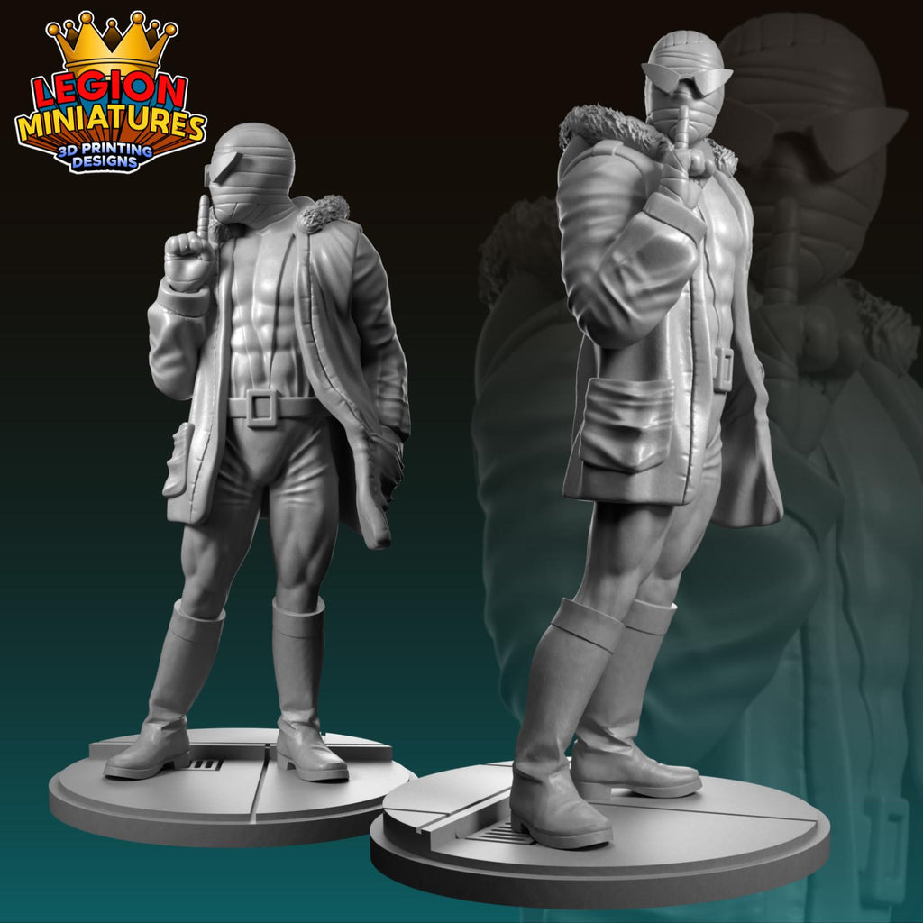 two 3D printed miniatures of characters, one standing and one kneeling, both wearing helmets and holding weapons.