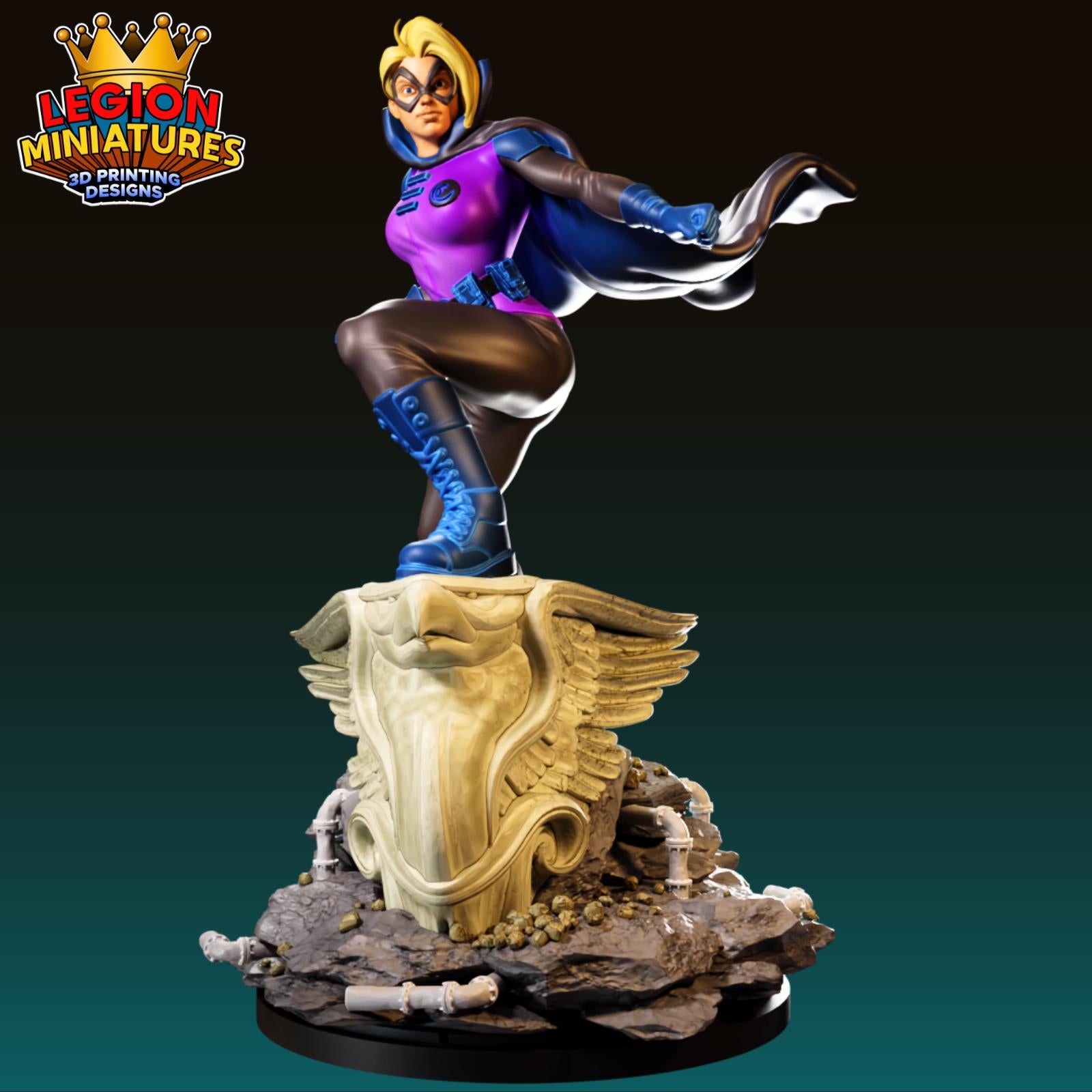 A 3D printed figurine of a female superhero character in a purple and blue costume, standing on a pedestal with wings and a crown.